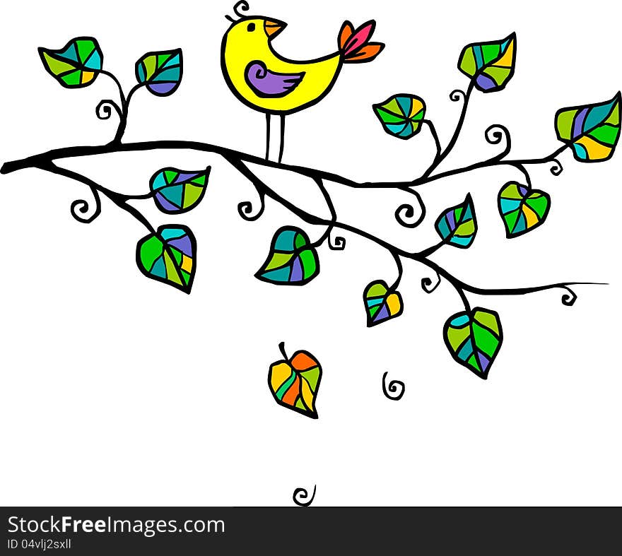 Cute yellow hand-drawn bird on the tree