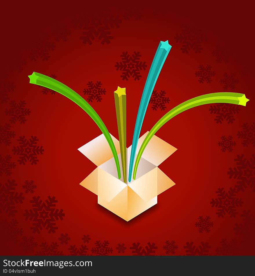 Christmas Red Background With Open Gift  Box