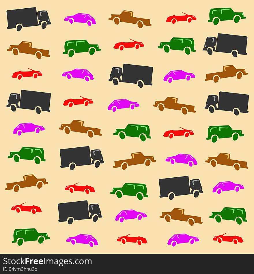 Five abstract cars background: four-wheeler, hatchback, cabrio, lorry, pickup. Five abstract cars background: four-wheeler, hatchback, cabrio, lorry, pickup