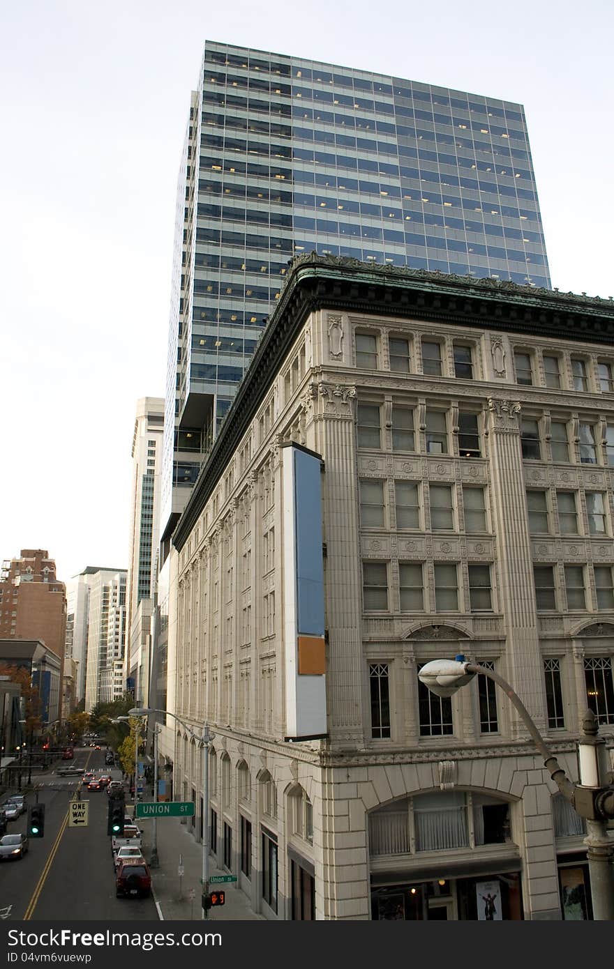 Old and new buildings and street of Seattle. Old and new buildings and street of Seattle.