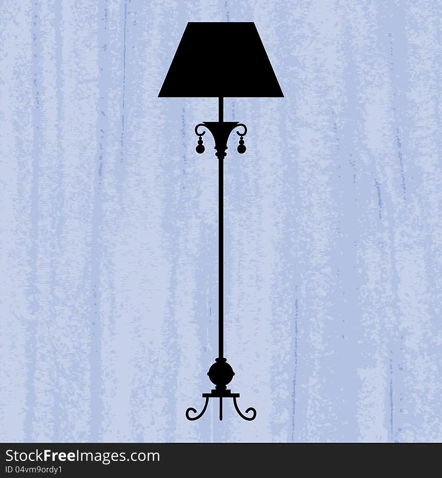 Silhouette of luxury standard lamp on a scratched blue wallpaper/ template design of invitation with lamp