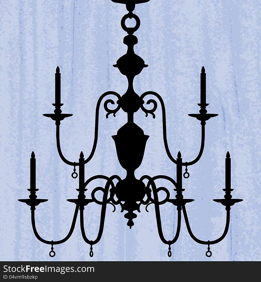 Silhouette of luxury chandelier on a scratched blue wallpaper/ template design of invitation with chandelier