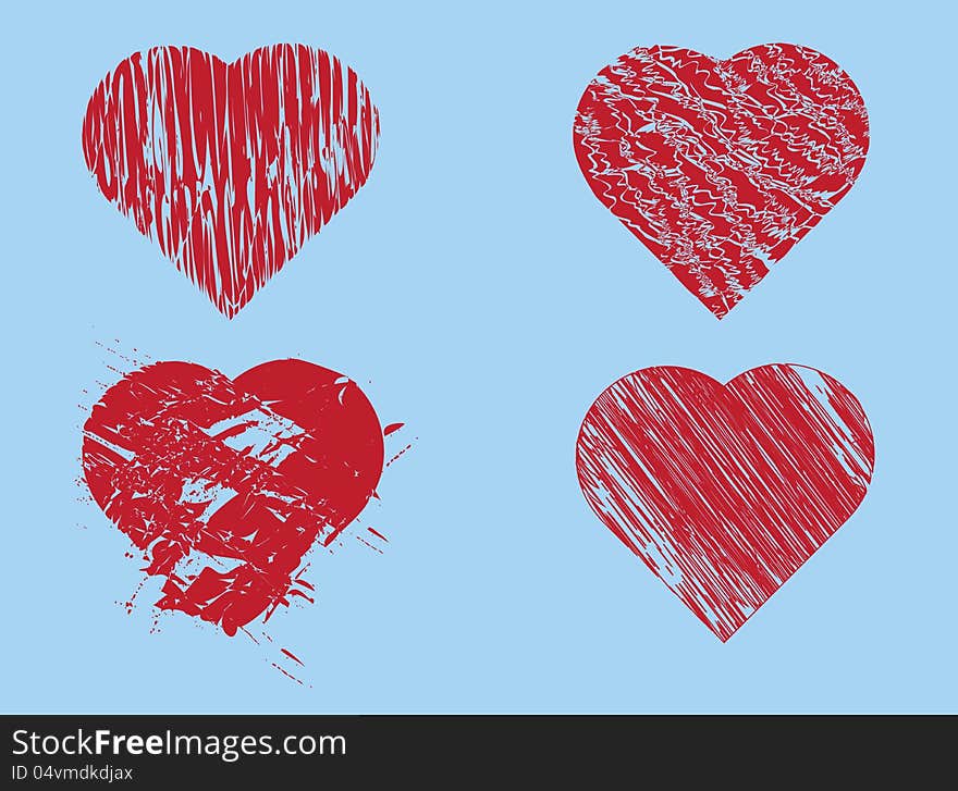 Set of red hand drawn hearts on blue background. Set of red hand drawn hearts on blue background