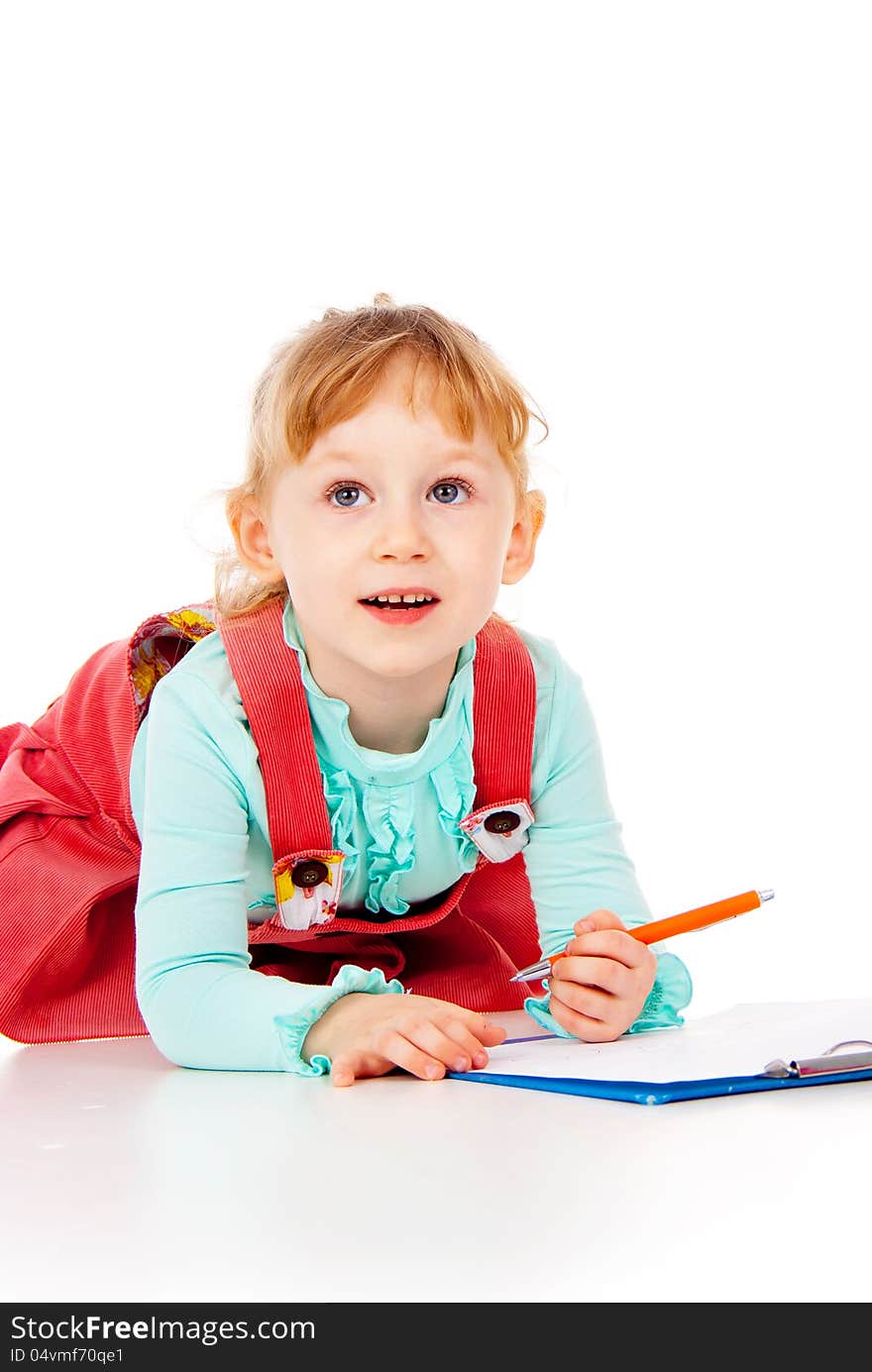 The little girl lying and draw isolated on white background