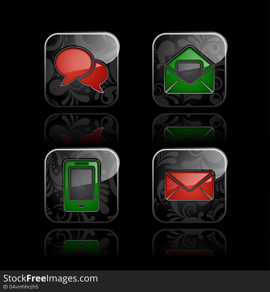 Set of communication icons. Glossy floral button with refection on black background