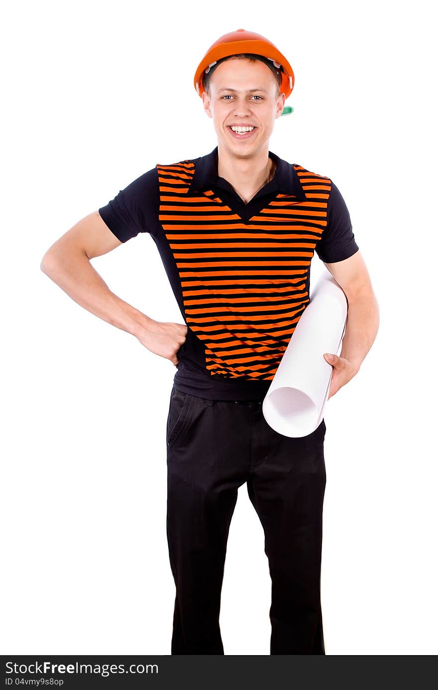 Young Builder in a helmet isolated on white background