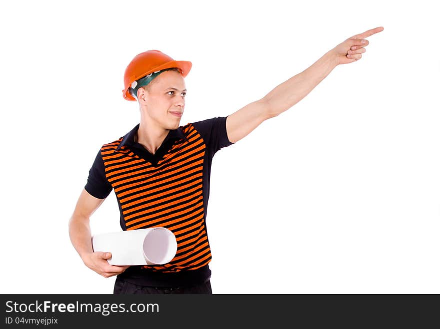 Young Builder in a helmet isolated on white background