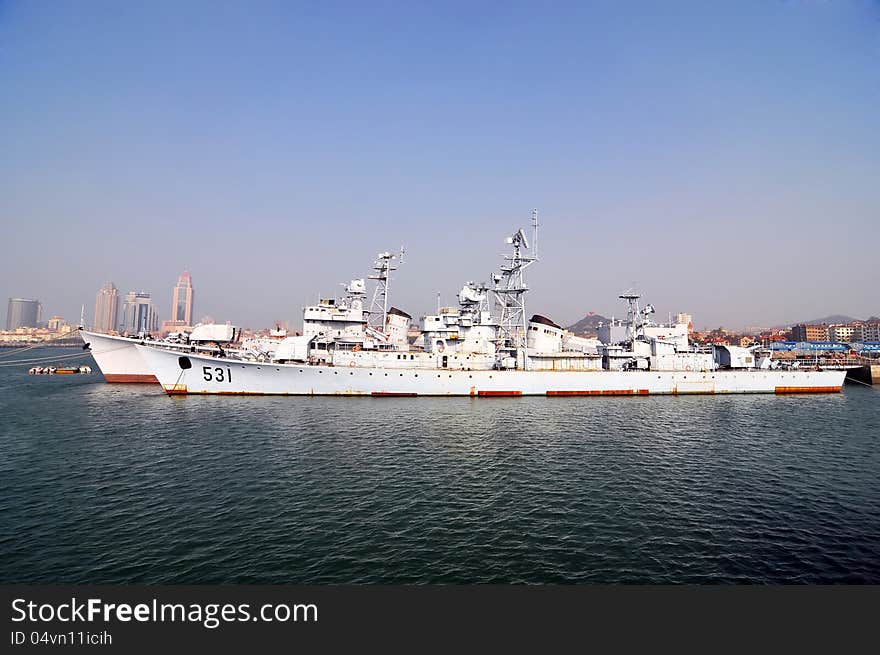 Two warships docked at the pier，which taken in the Chinese Navy Museum. Two warships docked at the pier，which taken in the Chinese Navy Museum