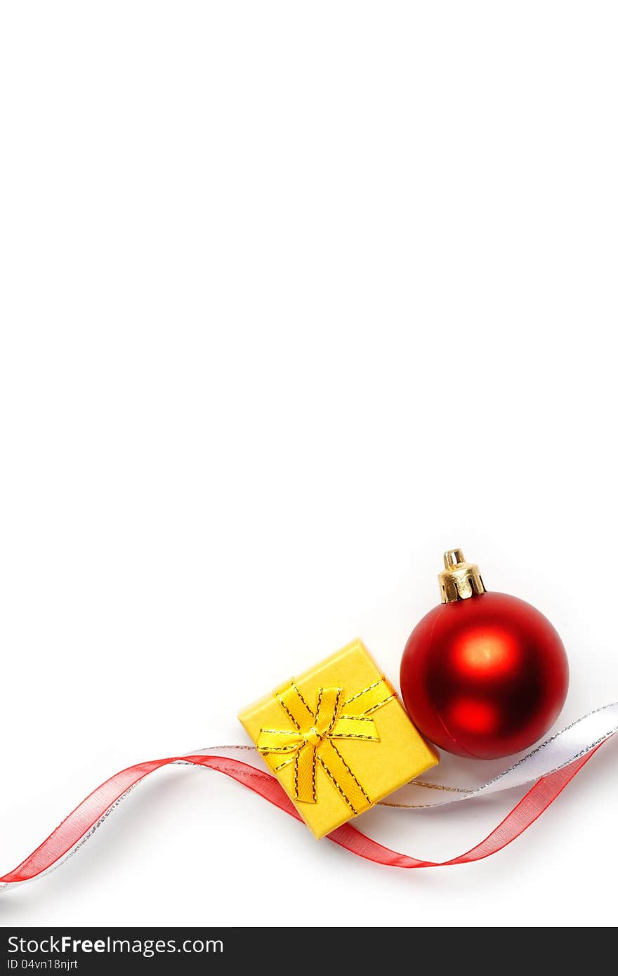 Festive background. Christmas bauble and ribbons. Festive background. Christmas bauble and ribbons