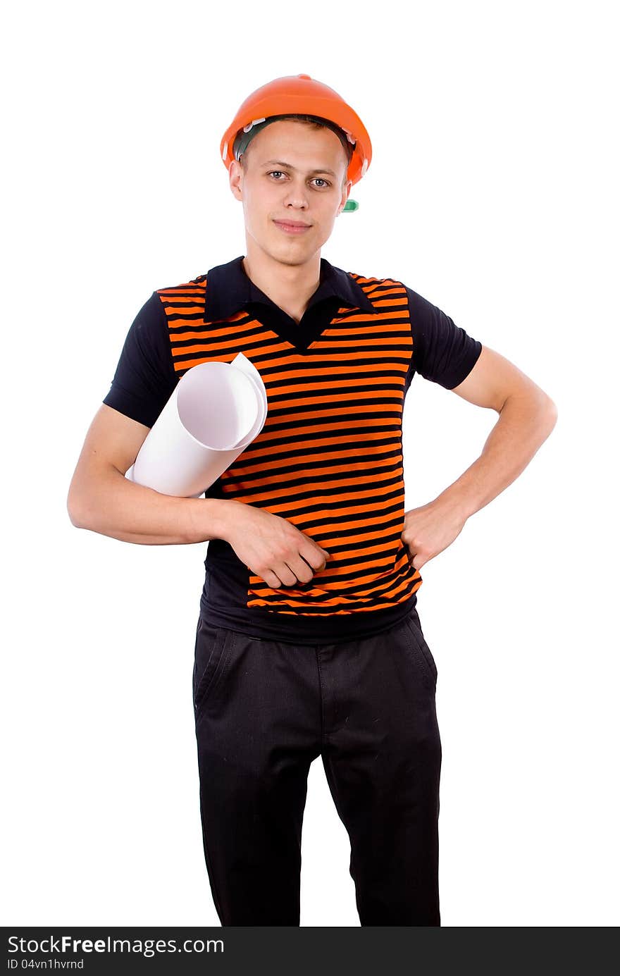 Builder in a helmet isolated on white background