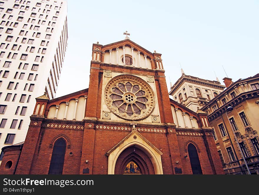 Saint Joseph Cathedral between buildings