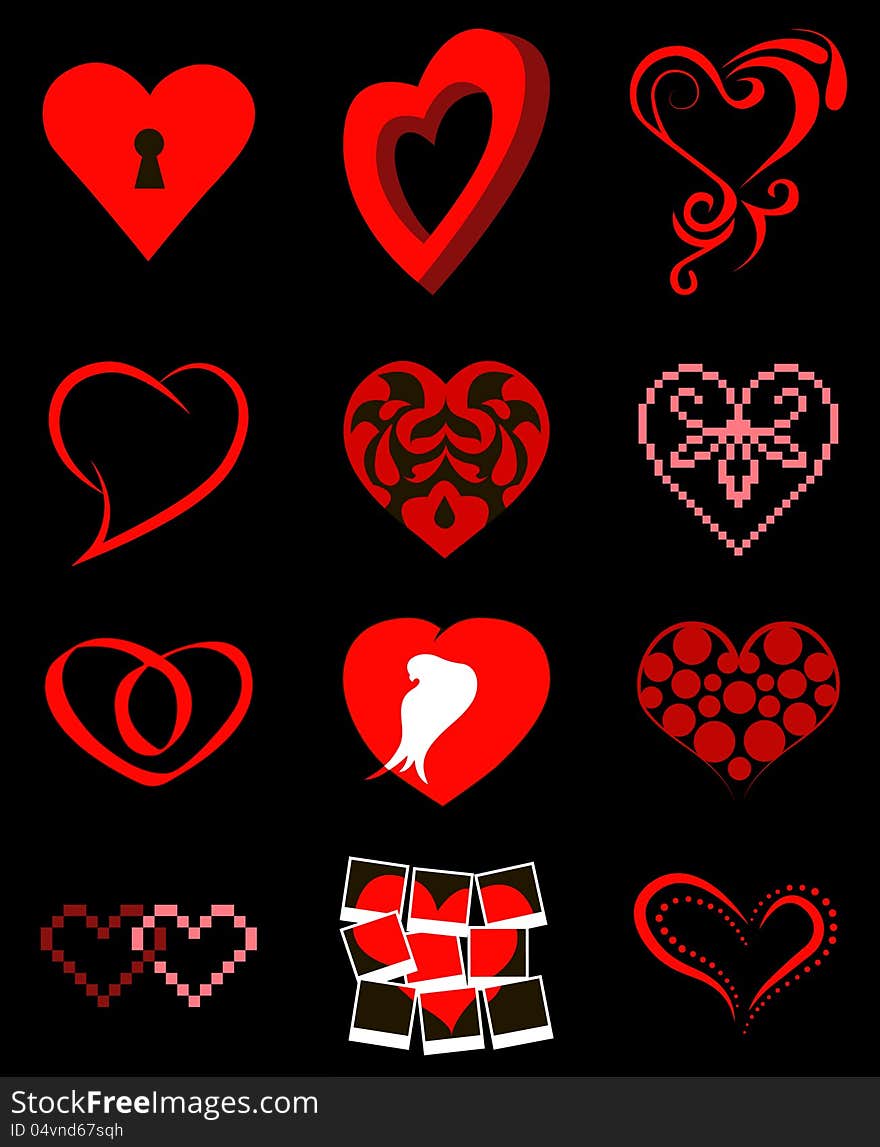 Set of red hearts on black background. Set of red hearts on black background