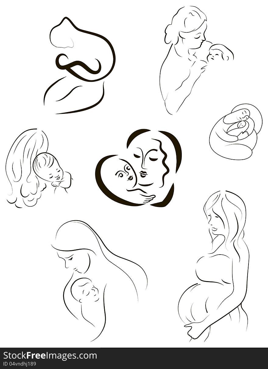 Vector sketches of Mothers and the babies. Vector sketches of Mothers and the babies