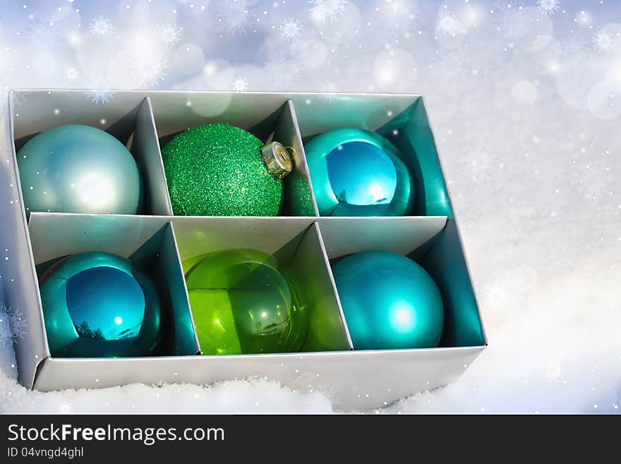 Colored Christmas balls in a box