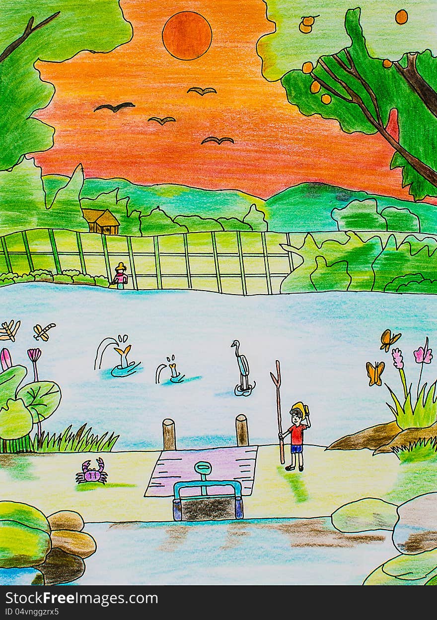 Beautiful scenery drawing with colored pencils by seven years old child. Beautiful scenery drawing with colored pencils by seven years old child