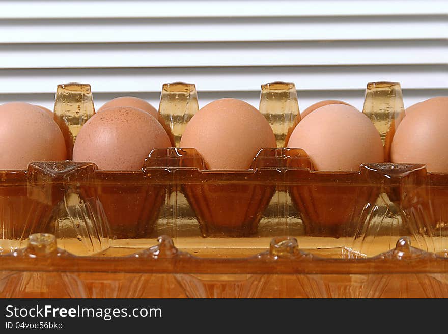 Brownchicken eggs in plastic package.