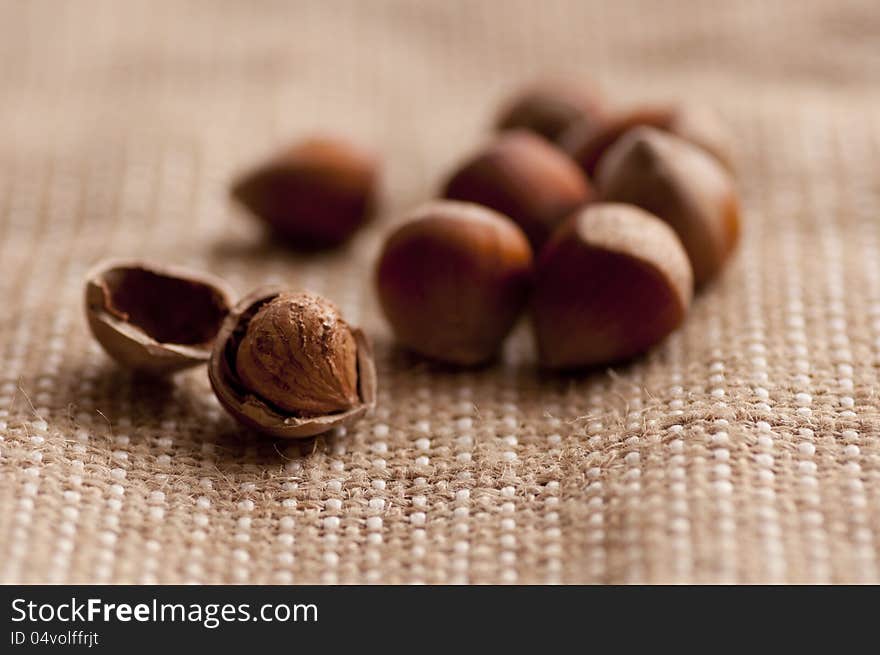 Some hazelnuts on sack background. Some hazelnuts on sack background