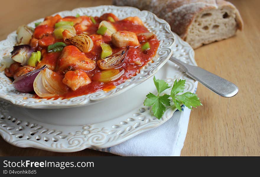 stew with meat ,vegetables and bread. stew with meat ,vegetables and bread