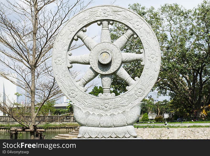 The wheel of the law or prayer wheel symbol in Buddhism