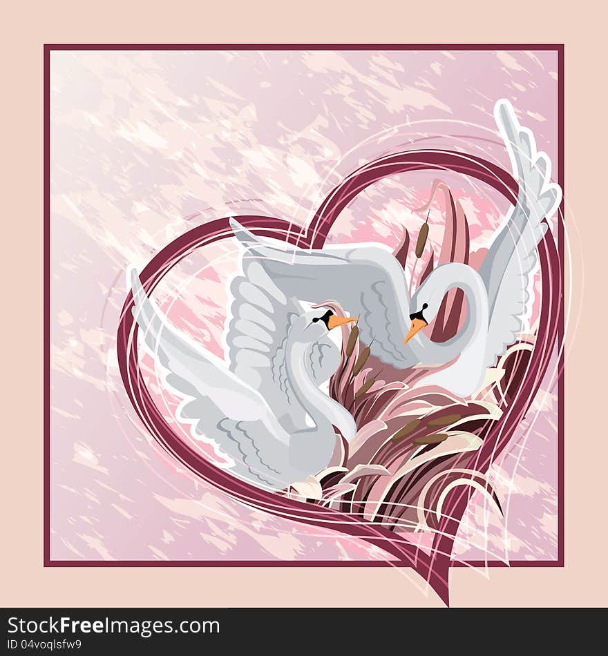 Two swans looking at each other in the hert shape. Postcard design template. Two swans looking at each other in the hert shape. Postcard design template