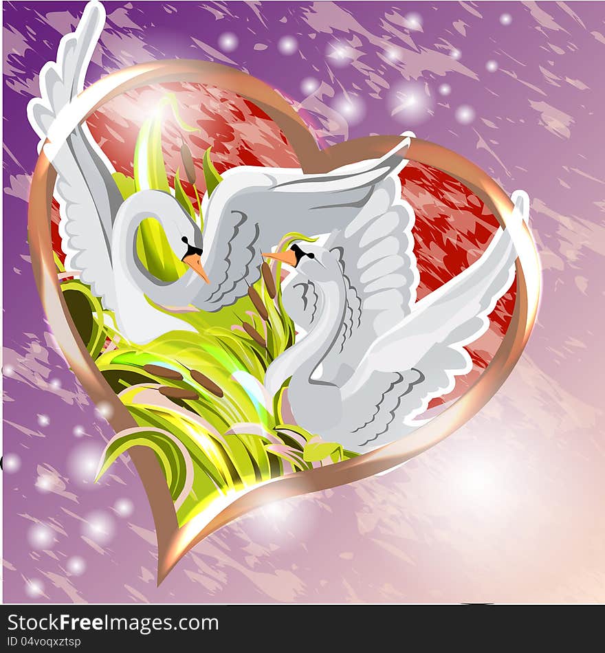 Two swans looking at each other in the hert shape. Postcard design template. Two swans looking at each other in the hert shape. Postcard design template