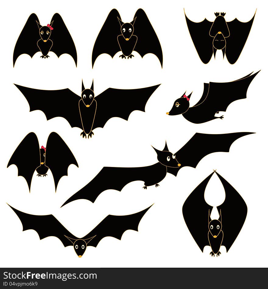 Illustration with set of funny cartoon bats. Illustration with set of funny cartoon bats