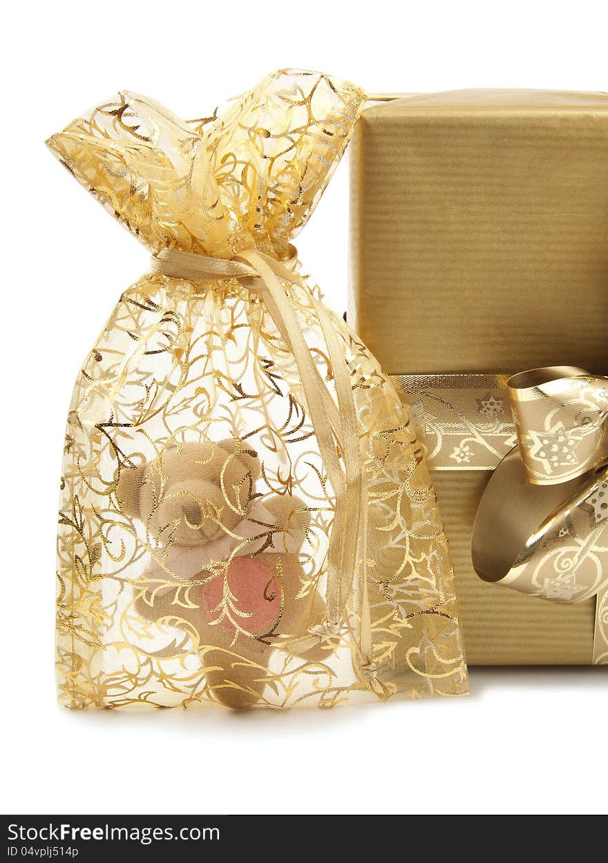 Golden Presents and Teddybear on white