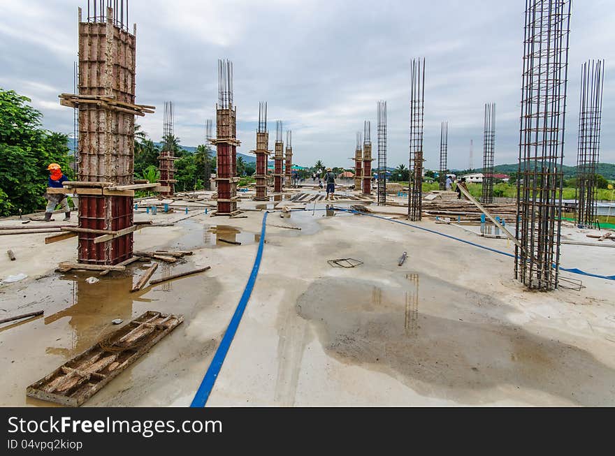 Under construction building in rainy season.