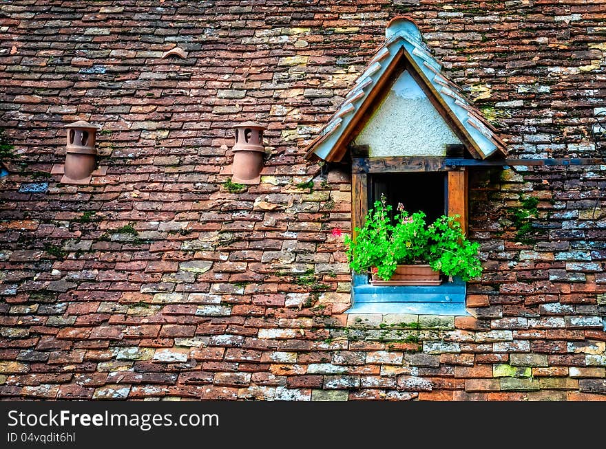 Old orange brick roof with window and flowers