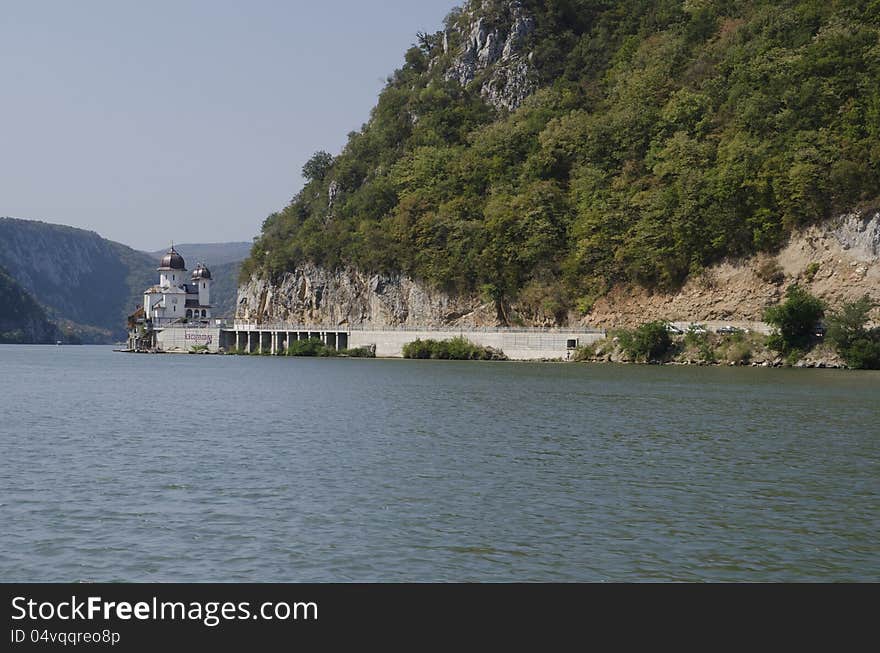 A view of the Mraconia monastery, in the Cazane gorge, Danube river, Romania