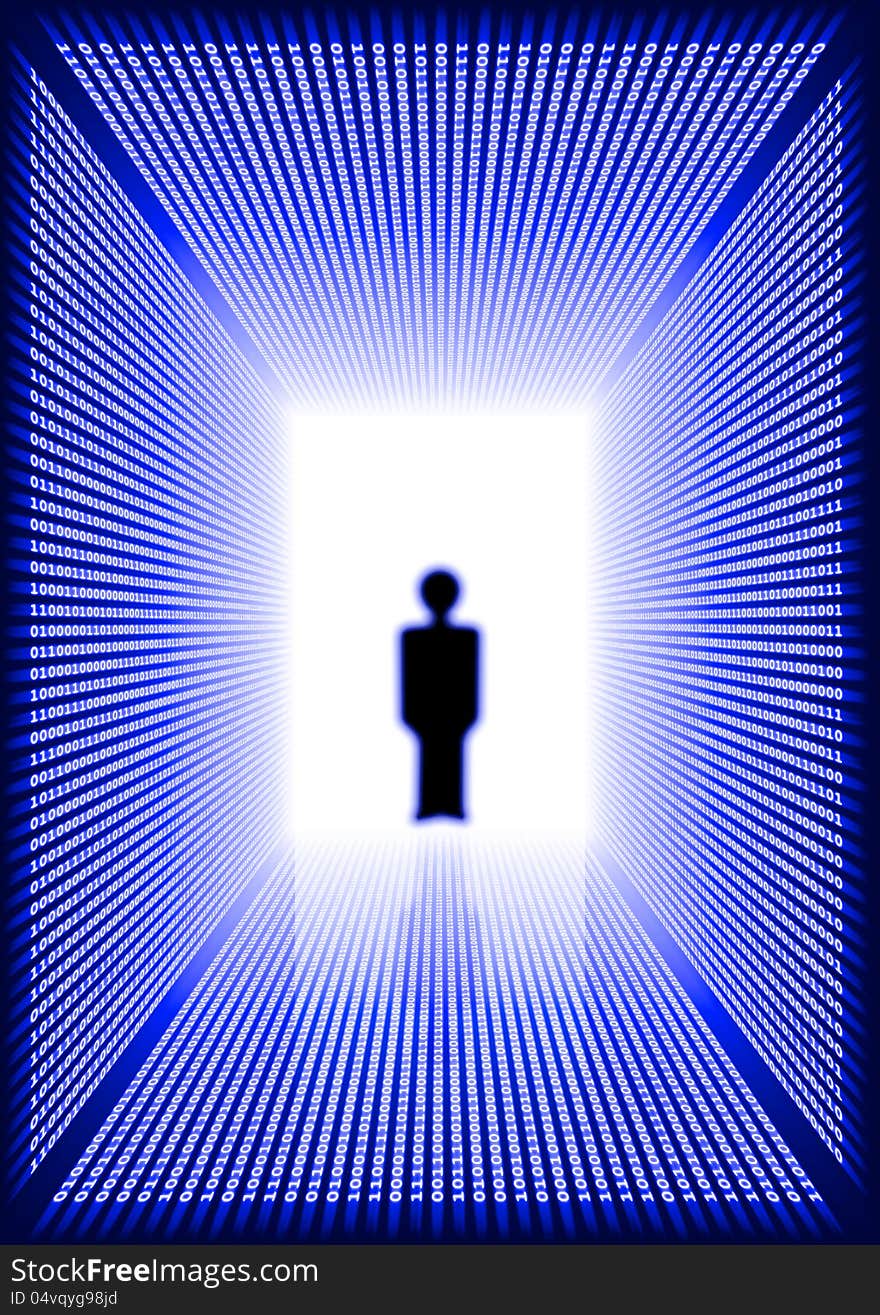 Dark blue rectangular digital corridor shined in the distance and blurred silhouette of a person standing in a doorway and reflection on a floor. Dark blue rectangular digital corridor shined in the distance and blurred silhouette of a person standing in a doorway and reflection on a floor