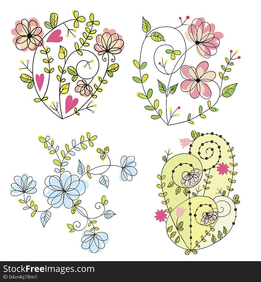 Floral set with flowers and leaves