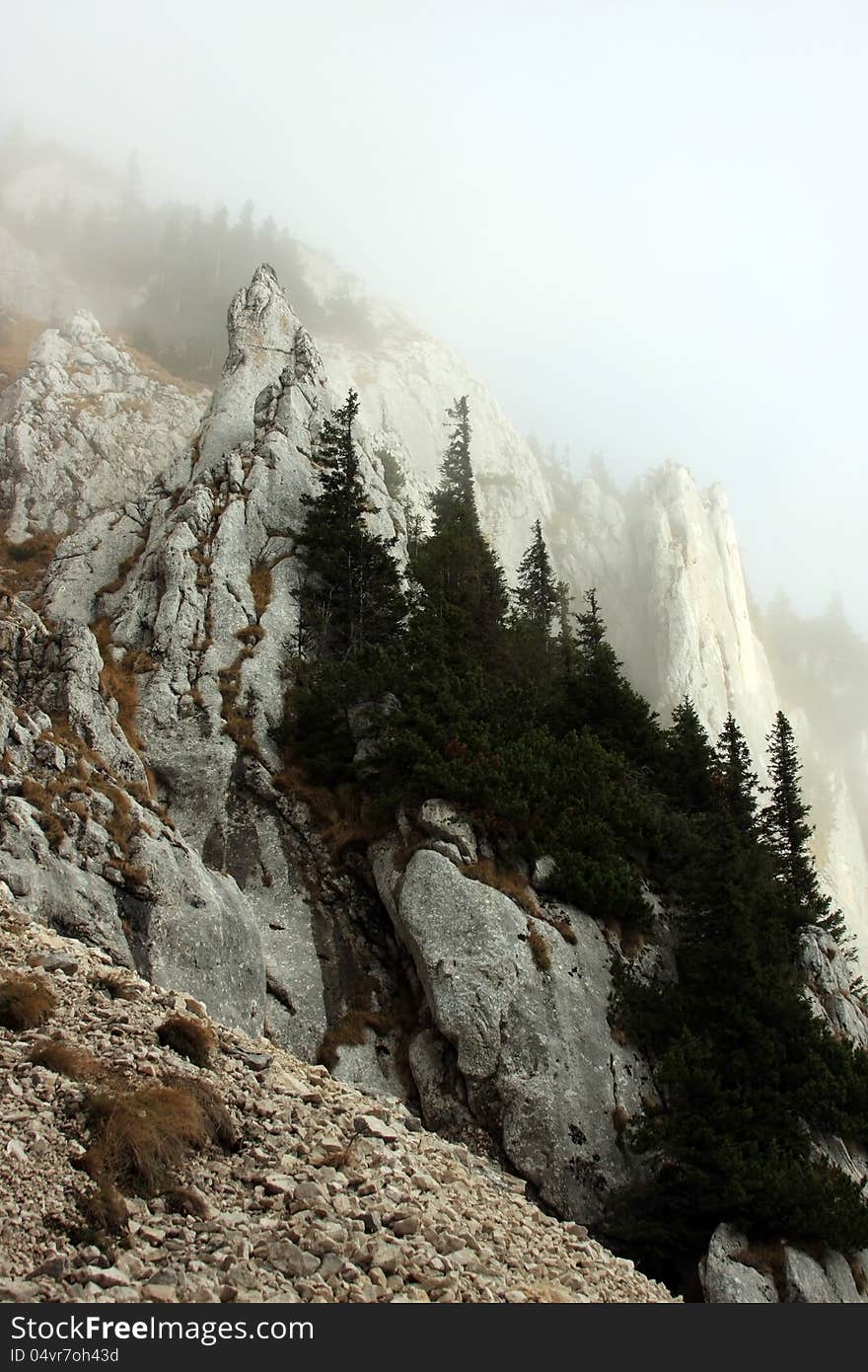 Abrupt Cliffs On The Mountain Hiding In Fog