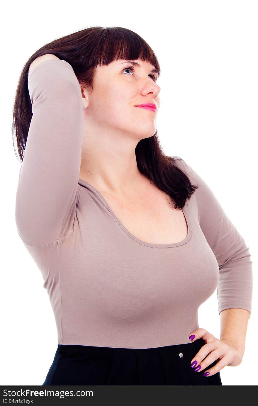 Beautiful she looks in at the ceiling isolated on white background