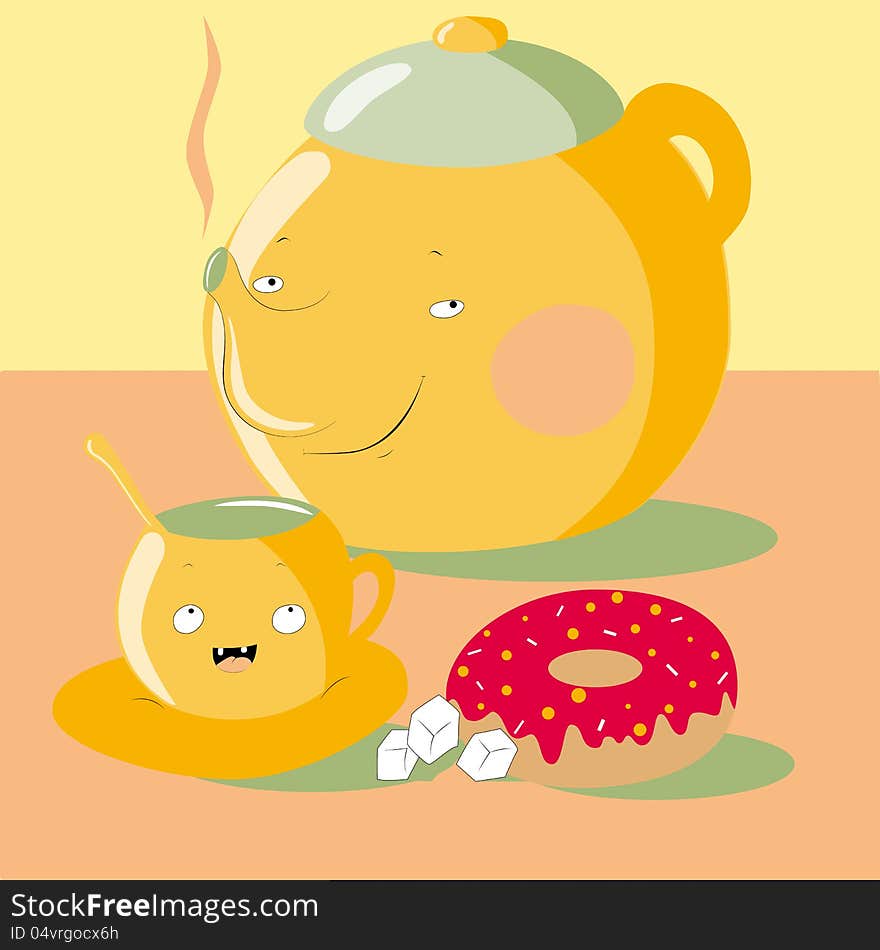 Illustration of a cartoon teapot with a cup and a donut. Illustration of a cartoon teapot with a cup and a donut.