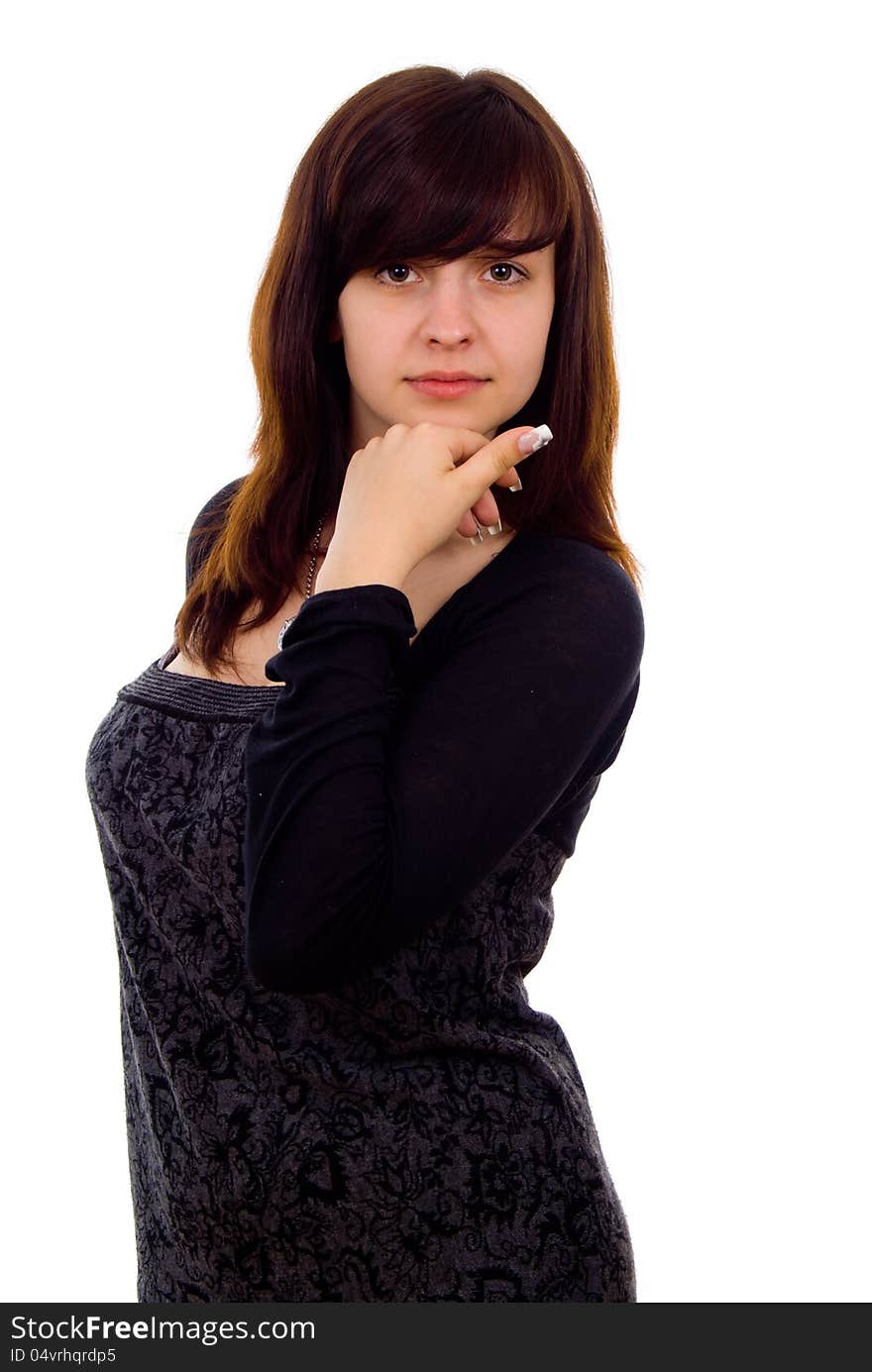 Beautiful girl thinks isolated on white background