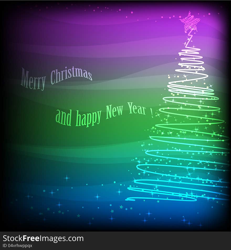 new-year tree with lights and asterisks on a varicoloured background mesh. new-year tree with lights and asterisks on a varicoloured background mesh