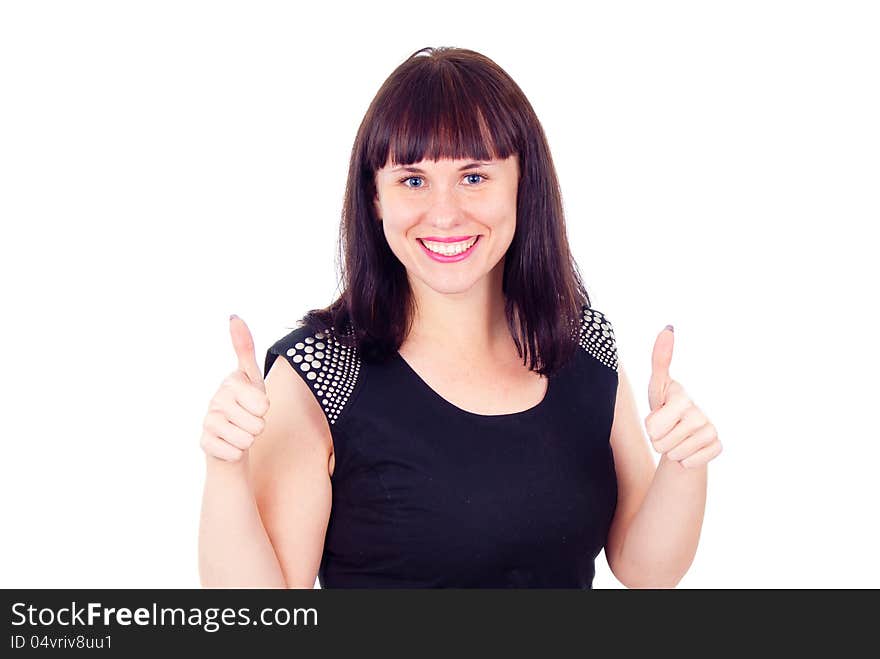 Beautiful girl shows OK, I agree, isolated on white background