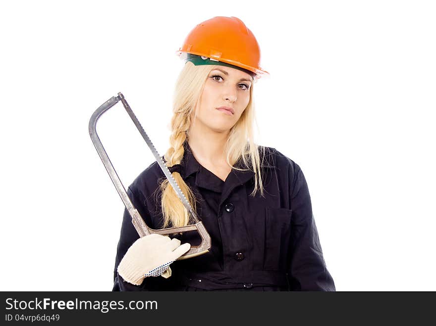 Beautiful girl Builder keep the saw for metal isolated on white background