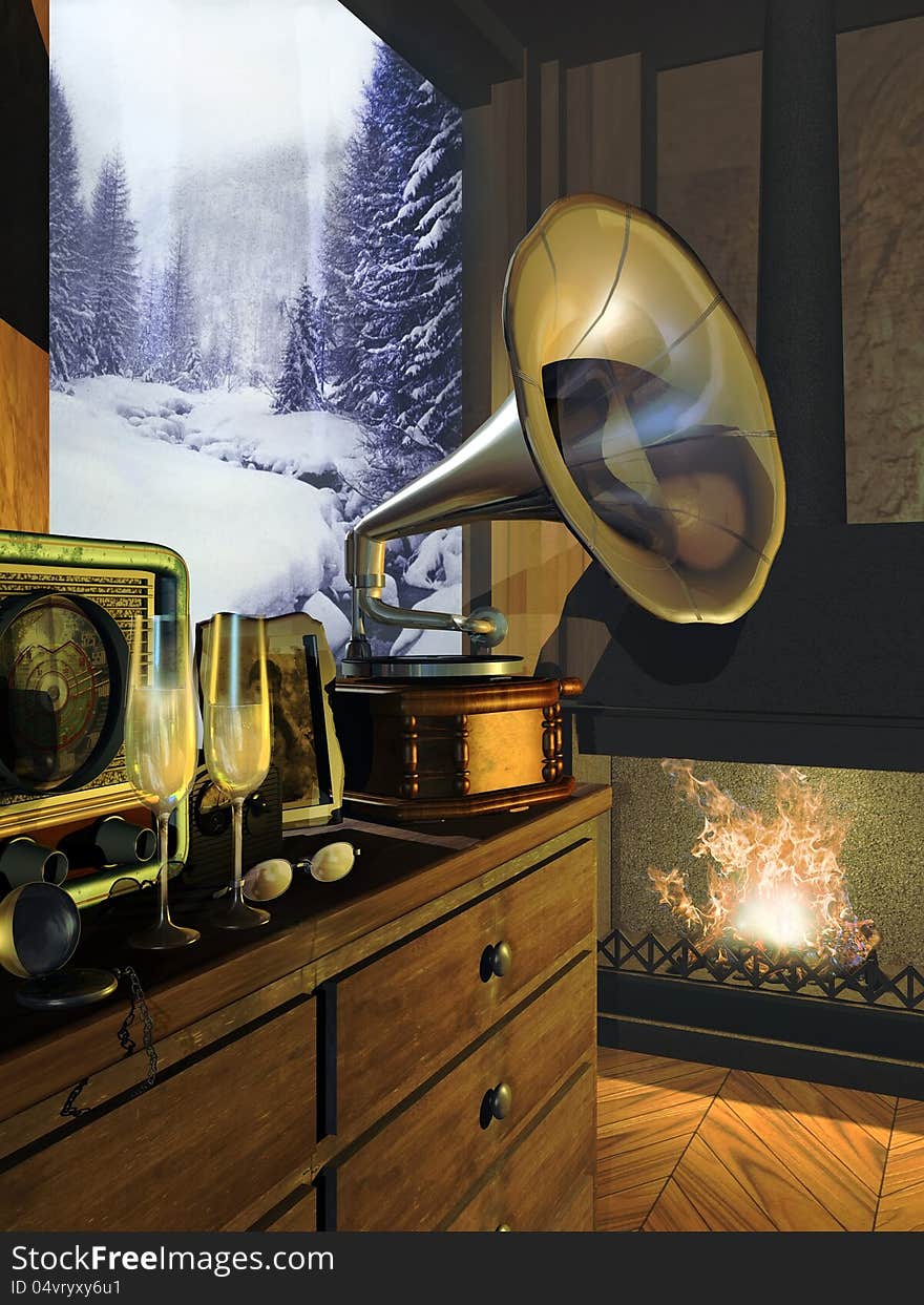 Interior of a house into a snowy lanscape. A fireplace heats the scene with old rustic furnitures and two glasses of champagne close to glasses in which is reflected the silhouette of a couple. Interior of a house into a snowy lanscape. A fireplace heats the scene with old rustic furnitures and two glasses of champagne close to glasses in which is reflected the silhouette of a couple.