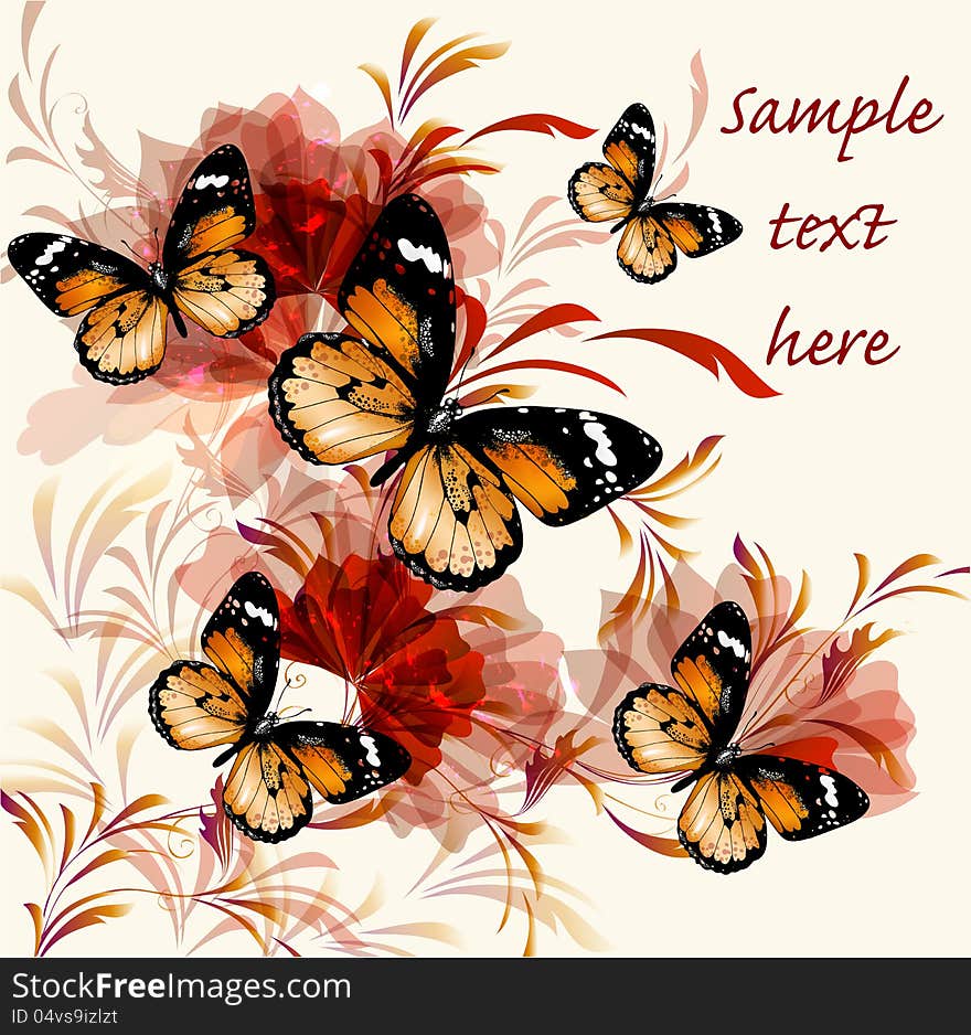 Vector illustration with butterflies
Background with floral ornament and realistic vector butterflies