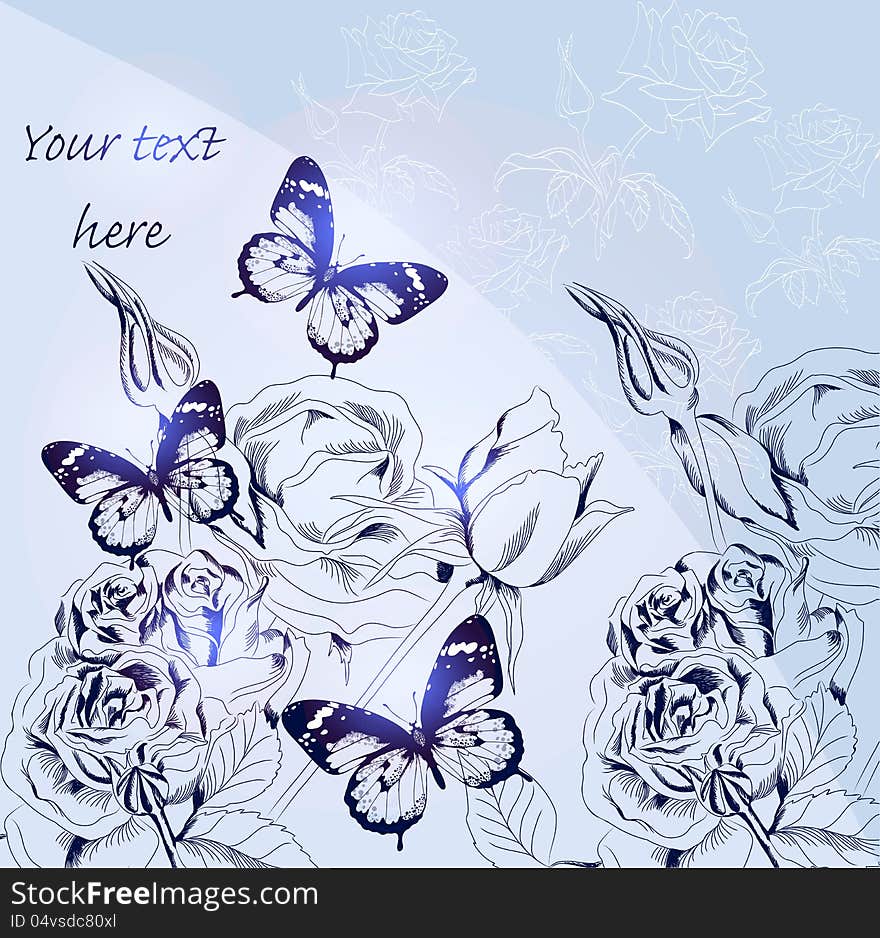 Blue vector greeting card with roses