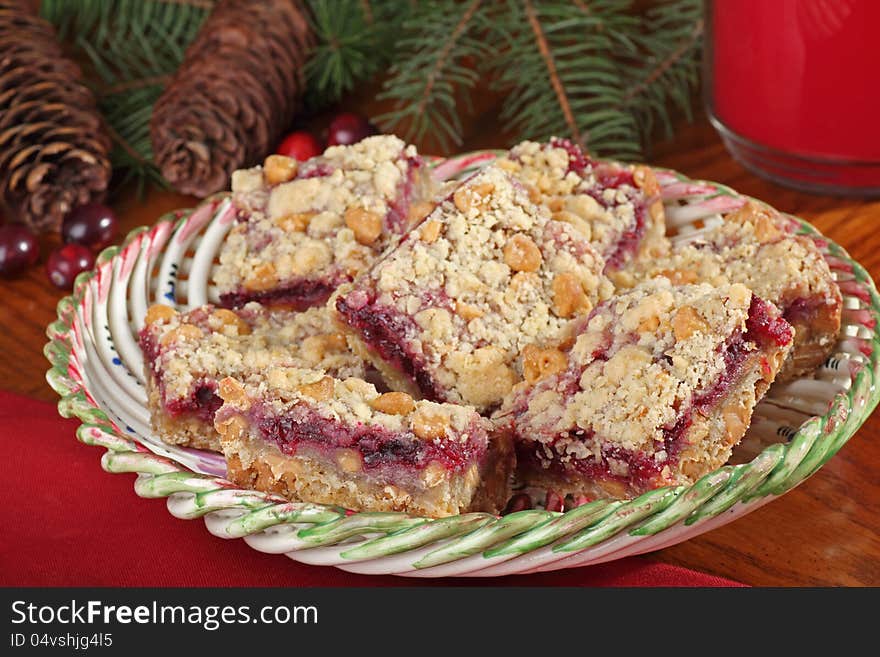 Christmas cranberry and peanut butter bars on a plate