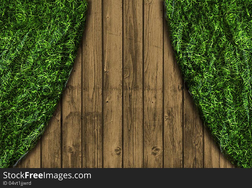 Wooden wall with a curtain of grass