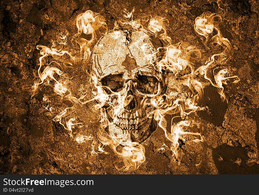 Grunge wall with a skull surrounded by fire and smoke. Grunge wall with a skull surrounded by fire and smoke