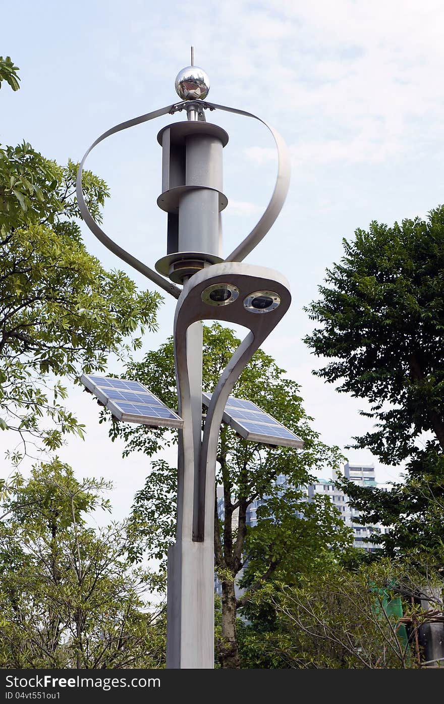 Garden lamp with wind power and solar power panel. Garden lamp with wind power and solar power panel.