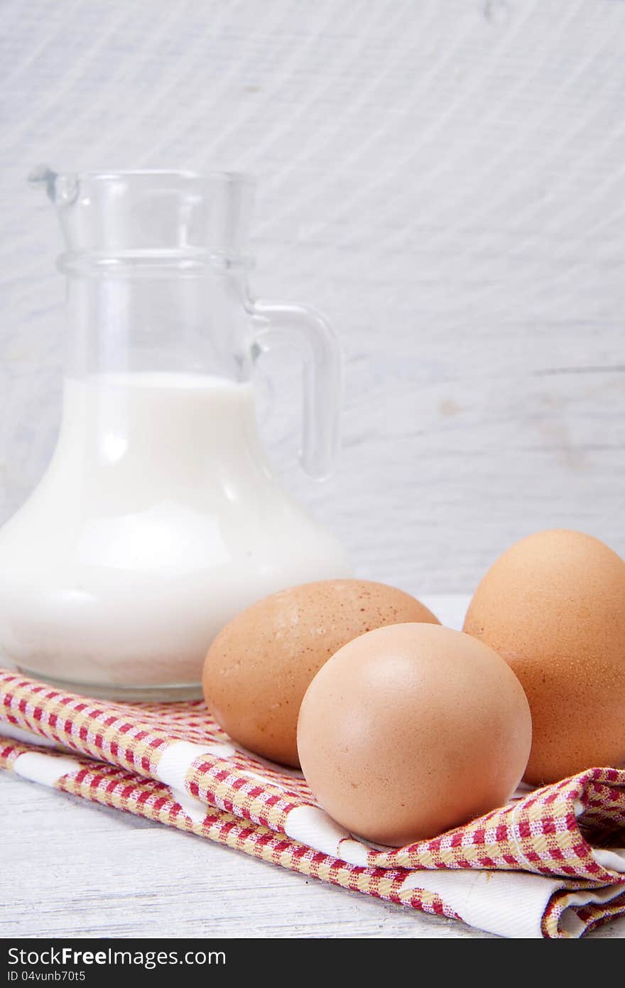 Staple foods in the kitchen, milk and eggs. Staple foods in the kitchen, milk and eggs