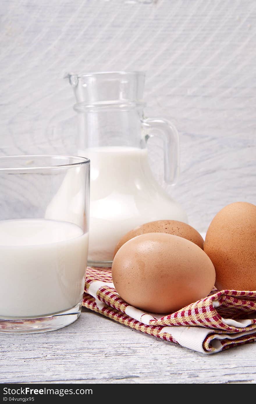 Staple foods in the kitchen, milk and eggs. Staple foods in the kitchen, milk and eggs