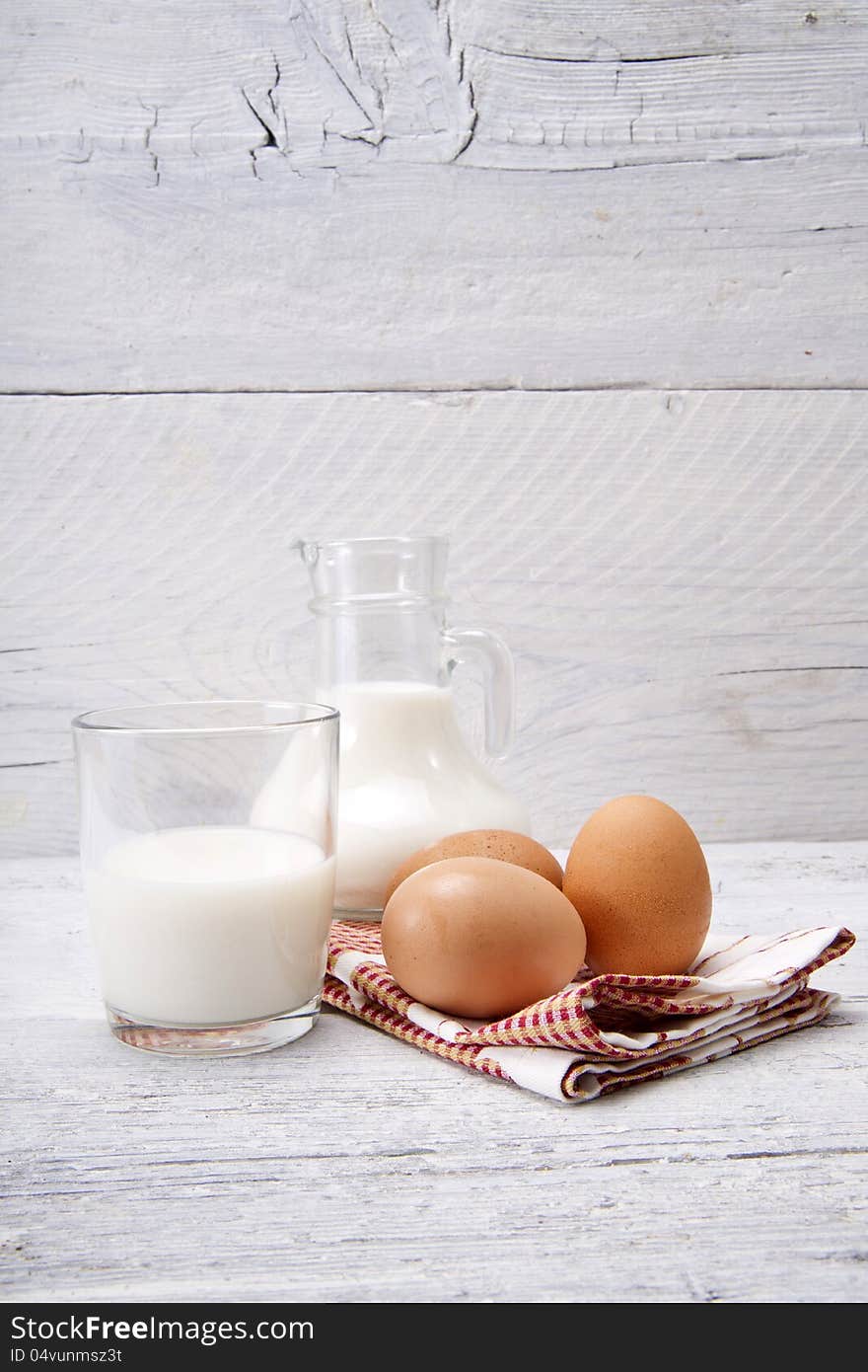Staple foods in the kitchen, milk and eggs. Staple foods in the kitchen, milk and eggs