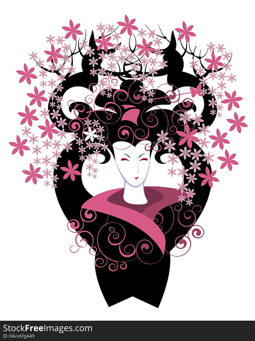 Stylized image of a geisha and cherry blossoms